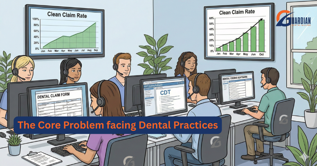 This image depicts a team of professional dental billing experts working in a calm, organized environment, a sharp contrast to the previous scene. Their expertise leads to a higher rate of clean claims, as shown on the monitor. Outsourced Dental Billing Services