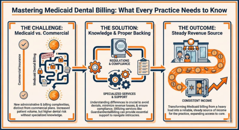 Dentist reviewing Medicaid dental billing documents on a computer to optimize reimbursements