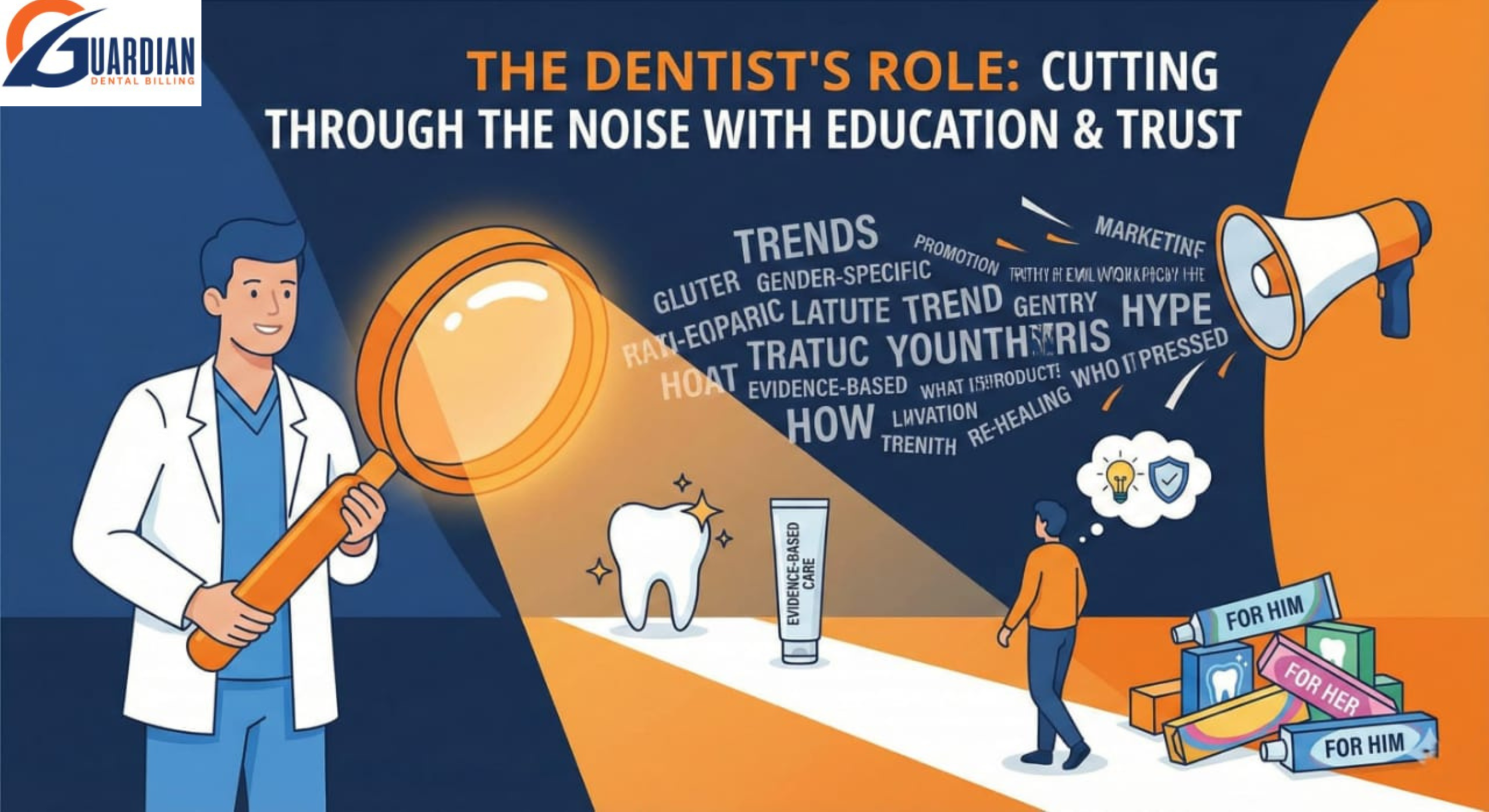 Dentist explaining oral care products and guiding patients through marketing claims