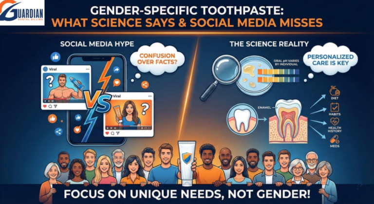 Dentist comparing gender-specific toothpaste and explaining science-based oral care