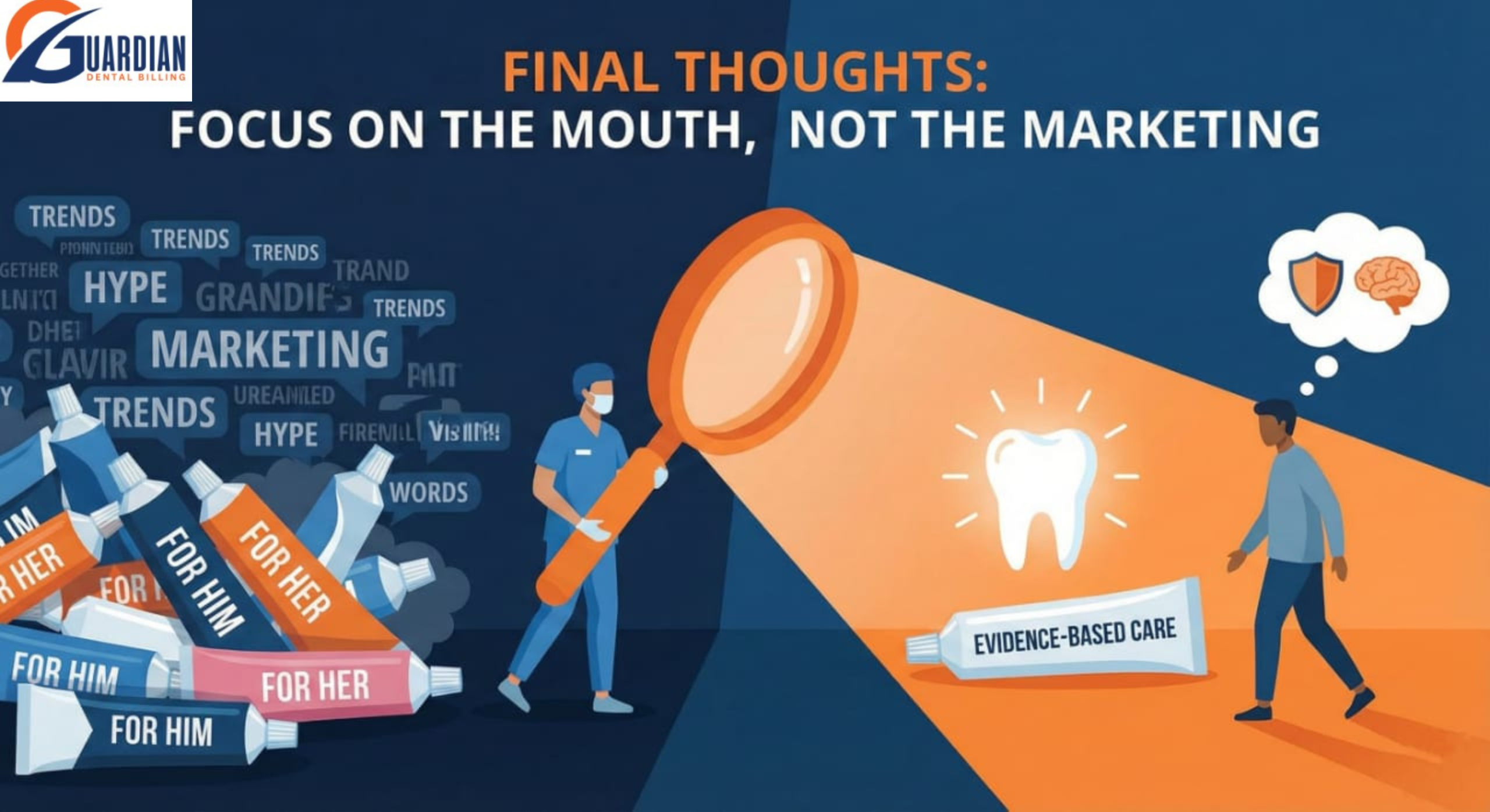 Dentist advising patient on proper oral care, ignoring marketing claims
