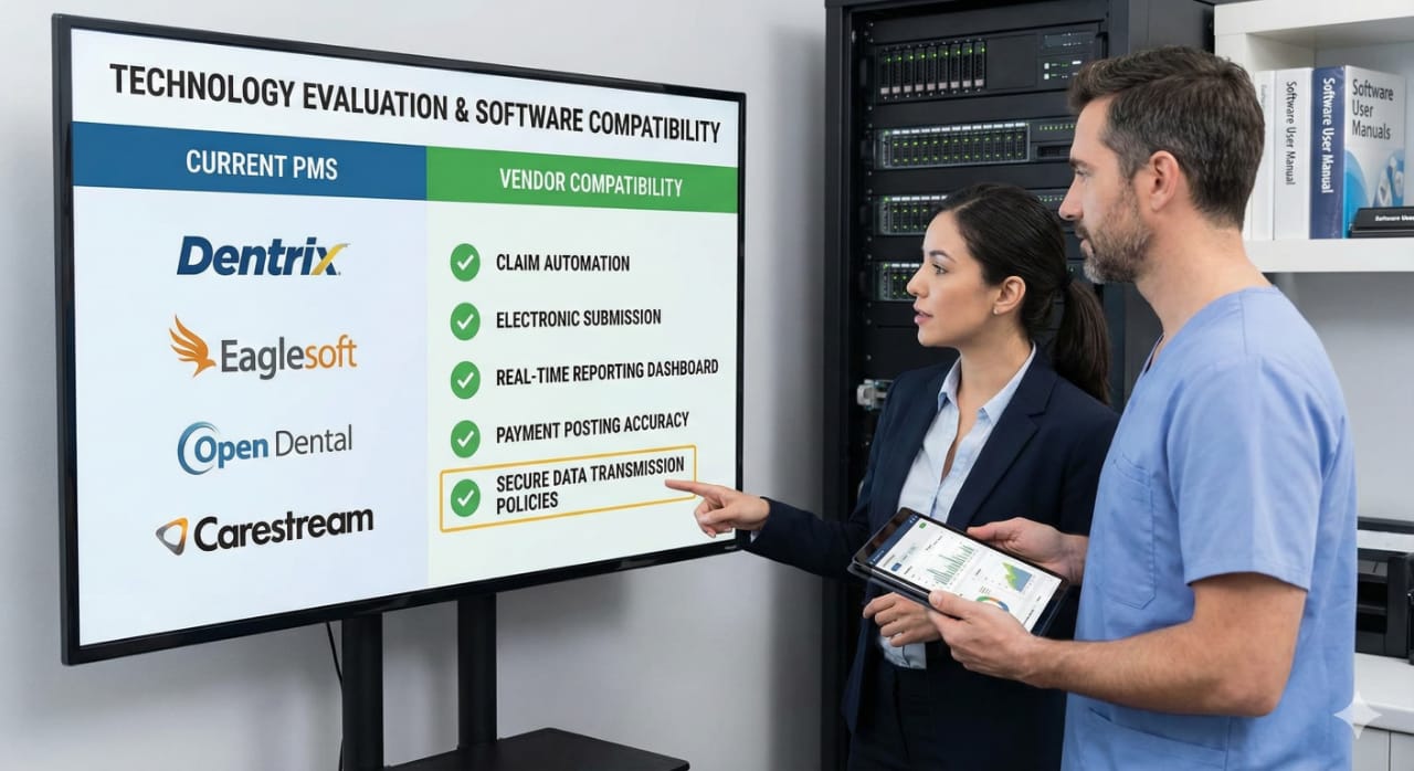 Dental office staff evaluating technology and software compatibility for efficient workflow