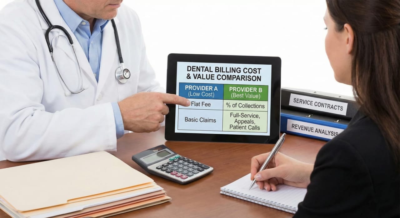 Dental clinic manager comparing cost structure and value of dental billing services