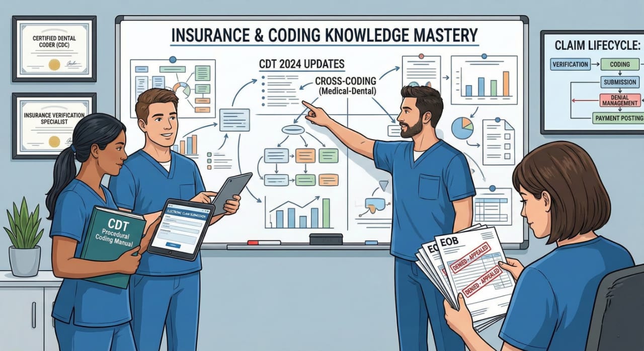 Dental billing specialist reviewing insurance claims and coding accurately for patient services