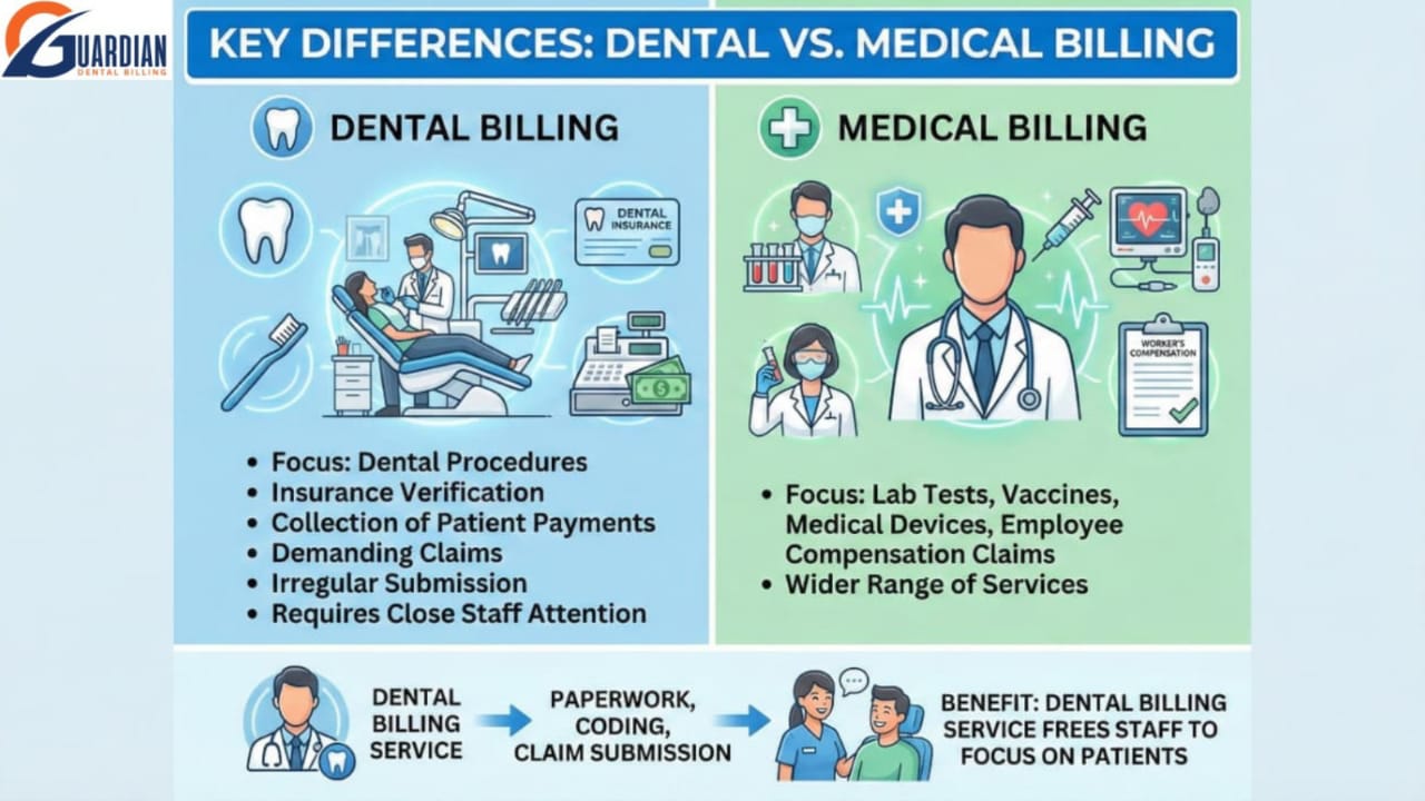 Ultimate Dental Billing vs Medical Billing Guide 5 Comparison illustrating key differences between dental billing and medical billing, including coding systems, insurance coverage, and claim requirements.