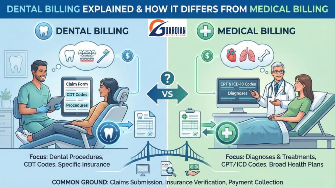 Ultimate Dental Billing vs Medical Billing Guide 1 Illustration comparing dental billing and medical billing, showing CDT codes for dental procedures and CPT/ICD-10 codes for medical claims with insurance workflows.