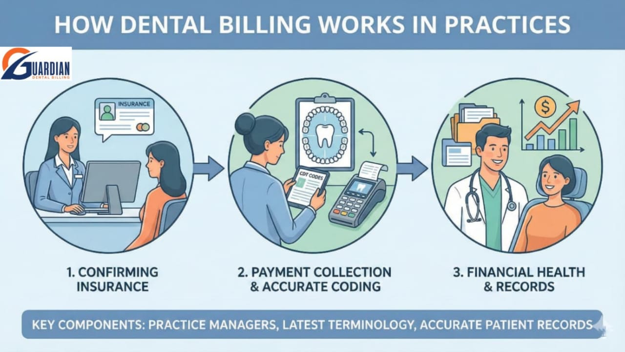 Ultimate Dental Billing vs Medical Billing Guide 2 Infographic showing how dental billing works in practices, including insurance verification, accurate CDT coding, payment collection, and financial record management.