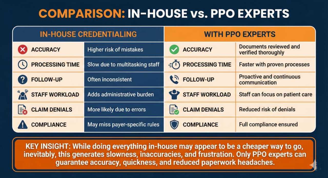 PPO experts vs. in-house credentialing showing benefits of outsourcing for dental practices