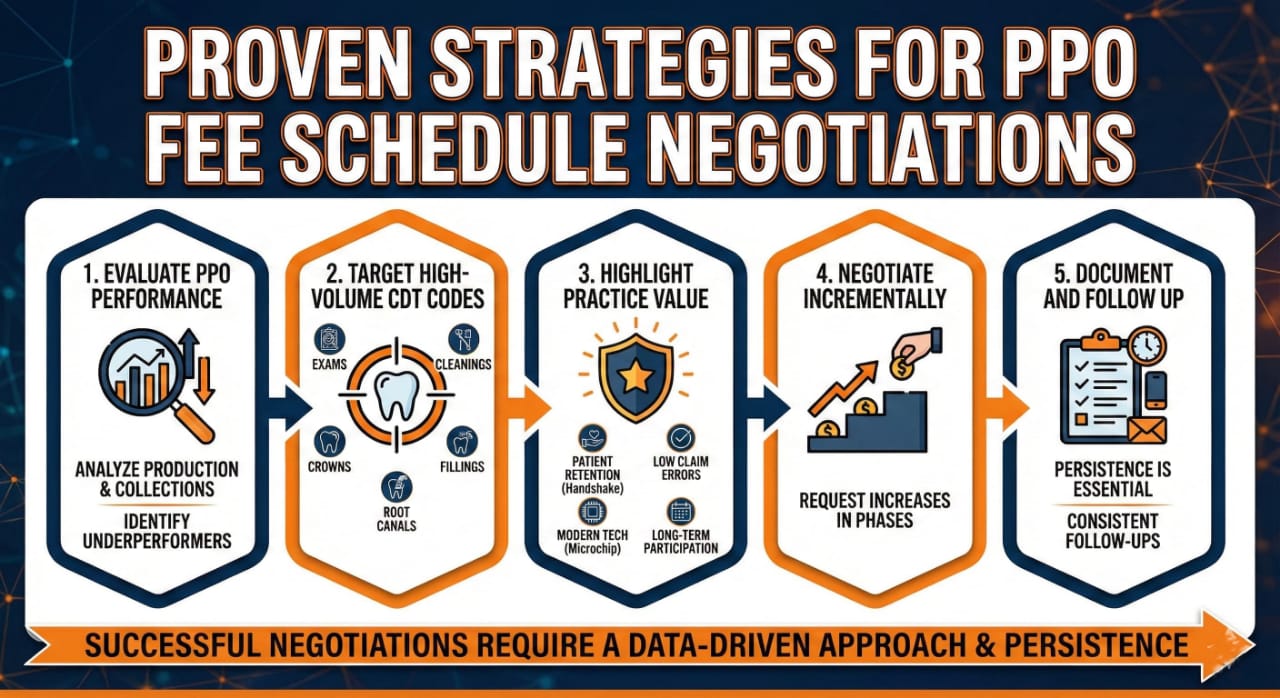 Proven strategies for PPO fee schedule negotiations to increase dental insurance reimbursements