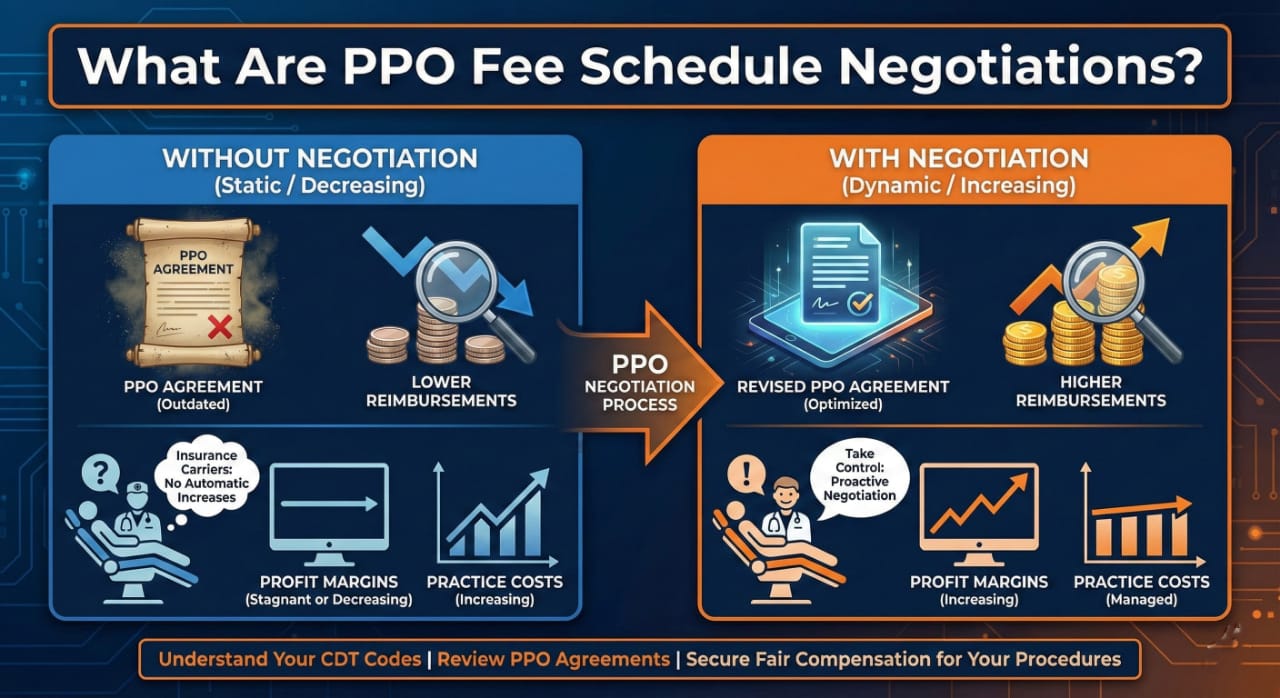 Explanation of PPO fee schedule negotiations for dental practices to improve insurance reimbursements